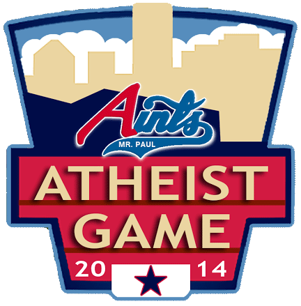 Logo: billboard against skyline silhouette and Aints logo. Text reads, "Atheist game 2014."