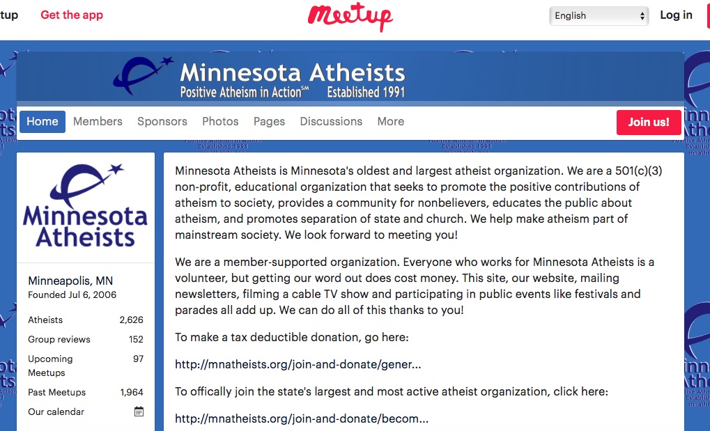 Screen capture of Minnesota Atheists home page on Meetup.com.