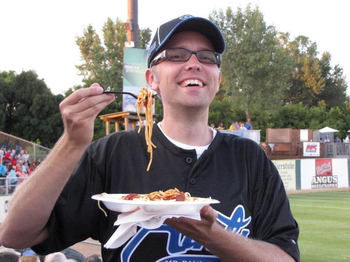 Photo of Eric promoting spaghetti.