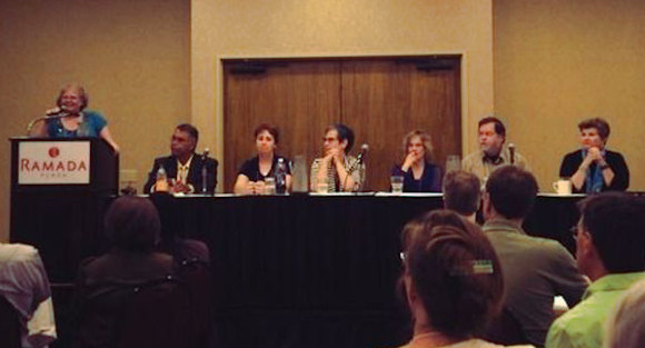 Photo of a panel composed of Hector Avalos, Amanda Knief, Greta Christina, Annie Laurie Gaylor, PZ Myers, and Kelly Clement.