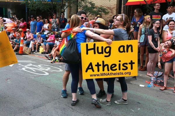 Photo of atheist group hug.