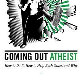 Book cover featuring cartoon of Greta Christina kicking open a door from darkness into light.